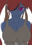  arms_behind_back bangs blue_skin bone breasts cleavage colorized covered_nipples crop_top eyepatch hair_over_one_eye hair_ribbon large_breasts long_hair original parted_bangs purple_eyes red_hair ribbon sharekoube simple_background smile solo tank_top twintails upper_body very_long_hair zombie zoni-ko 