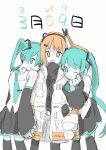  3girls a.i._voice adachi_rei aqua_eyes aqua_hair aqua_necktie arm_hug black_leggings black_shirt black_skirt black_thighhighs clone collared_shirt commentary detached_sleeves feet_out_of_frame girl_sandwich gloves grey_skirt hair_ornament hair_ribbon hatsune_miku head_on_another&#039;s_shoulder headlamp highres holding_hands jacket leggings long_hair looking_at_viewer migo_butter miku_day multiple_girls necktie number_tattoo one_eye_closed open_clothes open_jacket open_mouth orange_eyes orange_hair partially_colored pleated_skirt pun radio_antenna ribbon sandwiched shirt side_ponytail sketch skirt sleeveless sleeveless_shirt smile standing tattoo thighhighs translated turtleneck twintails utau vocaloid white_gloves white_ribbon 