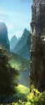  bird castle day forest highres landscape long_image mountain nature no_humans original overgrown parrot ruins scenery sky sunlight tall_image tree 