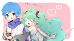  1girl :d ahoge bad_id bad_pixiv_id blue_eyes blue_hair blue_scarf blush closed_eyes detached_sleeves food glomp green_hair hatsune_miku hug ice_cream kaito long_hair open_mouth papikoice scarf smile spoon twintails very_long_hair vocaloid 