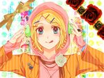  :q aqua_eyes bad_id bad_pixiv_id blonde_hair blush flower hair_ornament hairclip headphones hood hoodie jacket jewelry kagamine_rin nail_polish pins red_flower red_rose ring rose short_hair smile solo tohhhhh tongue tongue_out vocaloid white_flower white_rose yellow_flower yellow_rose 