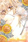  blonde_hair covering_mouth flower looking_at_viewer official_art otomiya_haine shinshi_doumei_cross short_sleeves sitting solo sunflower tanemura_arina traditional_media yellow_eyes 
