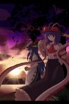  apron bird blue_hair chien_zero dress food fruit hat highres hinanawi_tenshi leaf long_hair multiple_girls nagae_iku peach purple_hair red_eyes scarf sunset touhou tree water 