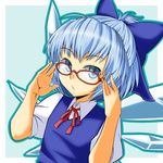  adjusting_eyewear bespectacled blue_eyes blue_hair bow cirno dress face glasses hair_bow hands highres short_hair solo touhou wabi_(wbsk) wings 