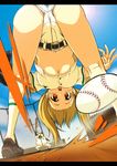  1girl ass baseball baseball_bat baseball_uniform bent_over blonde_hair breasts cameltoe clothes_writing kneepits large_breasts looking_back onija_tarou original panties perspective sportswear twintails underboob underwear upshirt 