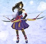  black_eyes black_hair bow_(weapon) bqa6c0 female fingerless_gloves full_body gloves headband inahime japanese_clothes jewelry kimono long_hair necklace open_mouth ponytail sengoku_musou shoulder_pads solo weapon 