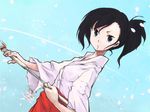  asymmetrical_hair black_eyes black_hair japanese_clothes long_hair mahou_sensei_negima! miko petals sakurazaki_setsuna sheath side_ponytail solo sword tsukino unsheathing weapon 