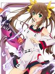  1girl bad_id bad_pixiv_id bare_shoulders blush brown_hair fang green_eyes hair_ribbon huang_lingyin infinite_stratos long_hair open_mouth ribbon school_uniform shenlong_(infinite_stratos) smile solo twintails very_long_hair weapon 