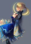  blonde_hair chinese_clothes dress high_heels highres juuya long_hair ponytail profile shin_sangoku_musou shoes simple_background solo wang_yuanji yellow_eyes 