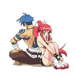  1girl back-to-back blue_hair blush couple hetero kamina red_hair rikko_(peso) shirtless sitting tattoo tengen_toppa_gurren_lagann thighhighs yellow_eyes yoko_littner 