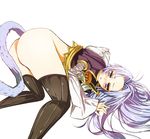  1boy armor ass ass_up bent_over black_legwear black_thighhighs blue_eyes blush final_fantasy final_fantasy_ix frown highres kuja long_hair male male_focus open_mouth silver_hair simple_background solo tail thighhighs top-down_bottom-up top-down_bottom_up toro0609 trap 