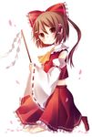  ascot bad_id bad_pixiv_id bare_shoulders bow brown_eyes brown_hair detached_sleeves hair_bow hair_tubes hakurei_reimu highres holding kusada_souta petals red_eyes ribbon simple_background skirt sleeves_past_wrists solo touhou white_background wind 