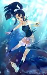  ankle_cuffs barefoot black_hair blue_eyes bubble copyright_request dolphin feet freediving hair_ornament hair_ribbon hakama highres japanese_clothes long_hair ninja ocean open_mouth ponytail ribbon saharan shorts smile soles solo spread_toes swimming toes underwater water wristband 