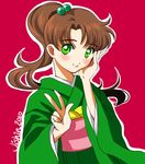  2010 bishoujo_senshi_sailor_moon brown_hair green_eyes hair_bobbles hair_ornament japanese_clothes jishin kimono kino_makoto pixiv ponytail sash v 