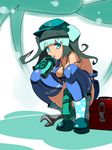  blue_eyes blue_hair blue_legwear breasts gloves hair_bobbles hair_ornament highres kawashiro_nitori key medium_breasts short_hair solo squatting tamuhi thighhighs touhou two_side_up wrench 