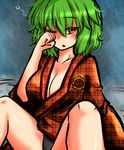  bathrobe breasts cleavage flower green_hair kazami_yuuka large_breasts messy_hair one_eye_closed open_clothes panties pantyshot plaid red_eyes roki_(hirokix) rubbing_eyes solo sunflower touhou underwear unmoving_pattern waking_up 