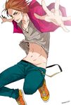  abs facepaint foreshortening green_eyes jacket jewelry male_focus midriff navel necklace orange_hair pants sarutobi_sasuke sengoku_basara shoes sneakers solo temari114 