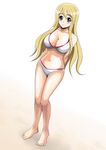  barefoot bikini blonde_hair blue_eyes breasts brown_hair cleavage eyebrows feet k-on! kotobuki_tsumugi large_breasts long_hair navel reikoenji simple_background solo swimsuit 