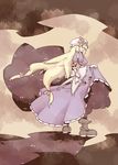  blonde_hair boots dress gap natsue purple_dress purple_eyes solo touhou yakumo_yukari 