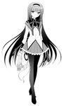  akemi_homura bad_id bad_pixiv_id boots full_body greyscale headband kyubey long_hair magical_girl mahou_shoujo_madoka_magica miniskirt monochrome pantyhose ribbon shima_tokio skirt 