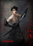  bare_shoulders bishounen black_hair elbow_gloves eyebrows gloves jana_schirmer lips male_focus messy_hair muscle original realistic solo sword torso weapon 