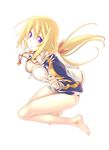  bare_legs barefoot blonde_hair breasts charlotte_dunois cleavage downblouse himura_kiseki infinite_stratos jacket jewelry legs long_hair long_legs medium_breasts necklace purple_eyes solo track_jacket 