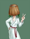  artist_request breasts bucket bucket_hat collarbone green_background green_hair hand_on_hip hat japanese_clothes kimono kisume sash small_breasts solo touhou twintails v yukata 