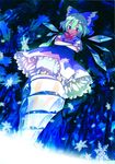  &gt;:) :&gt; alternate_hair_color bad_id bad_pixiv_id bloomers blue_eyes blue_hair blush_stickers bow cirno crossed_arms drill green_hair hair_bow highres ice short_hair smile snowflakes solo sora_tokumo touhou underwear v-shaped_eyebrows wings 