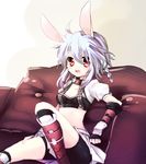  animal_ears bad_id bad_pixiv_id bike_shorts blue_hair boots braid breasts bunny_(trickster) bunny_ears fingerless_gloves gloves midriff nochita_shin open_mouth red_eyes short_hair sitting skirt small_breasts solo trickster 