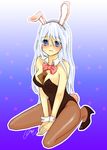  animal_ears bad_id bad_pixiv_id between_breasts blue_eyes blue_hair breasts bunny_ears bunnysuit card card_between_breasts highres kisara kneeling long_hair pantyhose saran solo yuu-gi-ou yuu-gi-ou_duel_monsters 