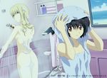  2girls ass back backboob bath bathroom bathtub black_hair blonde_hair blue_eyes breasts brown_eyes brown_hair gun handgun highres legs long_hair looking_at_viewer looking_back mireille_bouquet multiple_girls noir nude official_art official_artwork red_eyes short_hair shower soap_bubbles standing steam thighs towel wallpaper water weapon yuri yuumura_kirika 