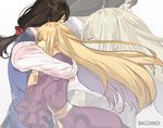  1girl baccano! blonde_hair brown_hair closed_eyes couple dress hair_ornament hair_ribbon hetero huey_laforet hug long_hair monica_campanella ribbon seki_(kaguudou) vest yellow_eyes zoom_layer 