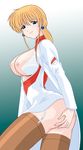  1girl ass blonde_hair blue_eyes bra breasts earrings fressange_ines garter_belt highres jewelry kidou_senkan_nadesico large_breasts legs long_hair looking_at_viewer nadesico nipples no_panties simple_background skirt smile solo standing thighhighs thighs underwear white_bra 