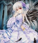  arm_behind_back biglove doll_joints feathers finger_to_mouth flower highres knife long_hair purple_flower purple_rose red_eyes rose rozen_maiden silver_hair solo suigintou traditional_media wings 