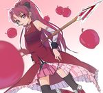  apple bare_shoulders black_legwear blurry boots depth_of_field detached_sleeves dutch_angle food fruit ibuki_notsu mahou_shoujo_madoka_magica mouth_hold pink_eyes pocky polearm ponytail red_eyes red_hair sakura_kyouko simple_background solo spear thighhighs weapon 