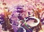  ana_(rznuscrf) cherry_blossoms from_behind ghost green_eyes hairband hat hitodama katana konpaku_youmu konpaku_youmu_(ghost) multiple_girls saigyouji_yuyuko scabbard sheath sheathed short_hair silver_hair sword touhou tree triangular_headpiece weapon 