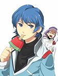  2boys blue_eyes blue_hair fear food fruit gundam kamille_bidan multiple_boys paptimus_scirocco parody pilot_suit popsicle purple_hair scared sucking watermelon zeta_gundam 