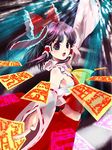  :o armpits ascot black_hair blue_eyes bow detached_sleeves dress green_eyes hair_ribbon hair_tubes hakurei_reimu magic midriff multicolored multicolored_eyes necktie ofuda oki_nori purple_eyes ribbon sarashi short_hair solo touhou yellow_neckwear 