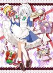  :x blonde_hair blue_eyes card character_doll creamer_(vessel) cup doll falling_card flandre_scarlet hat hong_meiling izayoi_sakuya maid maid_headdress mitsusaka_mitsumi no_socks o_o patchouli_knowledge playing_card playing_games purple_hair remilia_scarlet silver_hair solo tea teacup teapot touhou 