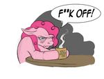  bad_day blue_eyes coffee cup dialog english_text equine female feral friendship_is_magic fur grumpy hair hangover hattonslayden horse mammal monday morning mug my_little_pony pink_fur pink_hair pinkie_pie_(mlp) plain_background pony solo table text white_background 