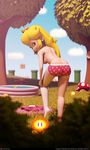  3d ass bjornar_froyse blonde_hair blue_eyes breasts cloud crown day earrings eyelashes flower highres jewelry lipstick long_hair looking_back makeup mario_(series) medium_breasts mushroom open_mouth outdoors panties pipes princess_peach rubber_duck sideboob single_thighhigh solo super_mario_bros. thighhighs topless tree underwear underwear_only wading_pool 
