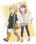  bad_id bad_pixiv_id bag boots brown_eyes brown_hair casual coat extra fashion handbag hat holding_hands itoichi. k-on! kinoshita_shizuka leggings long_hair multiple_girls scarf short_hair wakaouji_ichigo 