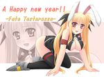  :d all_fours animal_ears atsushima_you blonde_hair breasts bunny_ears cleavage_cutout fate_testarossa hair_ribbon large_breasts long_hair lyrical_nanoha mahou_shoujo_lyrical_nanoha_strikers new_year nipple_slip nipples open_mouth pet_play ribbon smile solo thighhighs twintails zoom_layer 