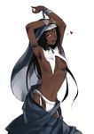  armpits arms_up belt black_eyes black_hair bracelet breasts chain cross dark_skin garter_belt habit heart jewelry kotobuki_ryou long_hair medium_breasts midriff mole mole_under_mouth navel non-web_source nun original solo stretch tattoo third-party_edit undressing 