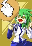  arm_up bad_id bad_pixiv_id bags_under_eyes crazy_eyes crossed_fingers desaku detached_sleeves frog green_hair hair_ornament hand_gesture kochiya_sanae long_hair no_nose open_mouth sign snake solo star touhou yellow_eyes 