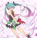  aqua_eyes aqua_hair guitar hatsune_miku highres instrument long_hair necktie open_mouth seven_(harida) skirt smile solo themed_object twintails very_long_hair vocaloid 