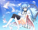  bad_id bad_pixiv_id bird birdcage black_legwear blue_eyes blue_hair boots cage chain cloud collar day feathers highres long_hair nymph_(sora_no_otoshimono) pass-d sky solo sora_no_otoshimono thighhighs twintails 