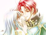  aqua_hair armor blue_eyes blue_hair blush bracelet couple earrings eirika eye_contact fire_emblem fire_emblem:_seima_no_kouseki fire_emblem_sacred_stones happy incipient_kiss jewelry knight long_hair looking_at_another love open_mouth princess red_eyes red_hair seth short_hair smile 