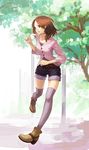  ankle_boots boots brown_eyes brown_hair long_hair original oropi parted_lips running shoes shorts solo thighhighs tree 