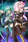  :d bare_shoulders black_legwear blue_eyes boots detached_sleeves fuyuno_taka green_eyes green_hair hand_on_own_chest hatsune_miku highres long_hair megurine_luka multiple_girls one_eye_closed open_mouth outstretched_arm pink_hair smile thighhighs very_long_hair vocaloid zettai_ryouiki 